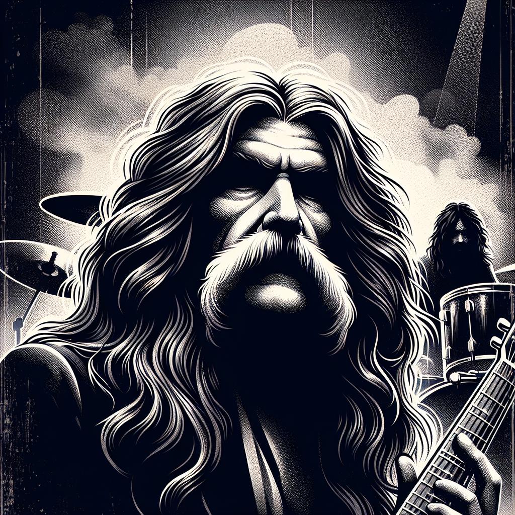 Erstelle eine hochauflösende Illustration zum Beitragstitel „Verbotener Jam-Session mit Mikkey Dee 2013“, die Lemmy Kilmister (Motörhead) als zentrales Motiv zeigt: gritty Vintage-Rock-Poster-Ästhetik, starke Kontraste, dunkle rauchige Atmosphäre, markante Lichtkante auf Lemmys Gesicht, grobkörnige Textur, kein Comic- oder Cartoon-Stil.